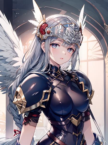 long hair, blue armor, valkyrie, helmet, armored dress, braid, feather, winged helmet, shoulder armor,