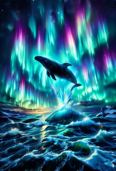 morph-aurora, dark, chiaroscuro, low-key, breathtaking masterpiece showcasing a gorgeous bioluminescent whale, jumping out of the ocean, giant splash of water, golden morning light, vibrant ocean with a lit up night sky. view from below, <lora:aurora_0_100_V1-000009:1>
