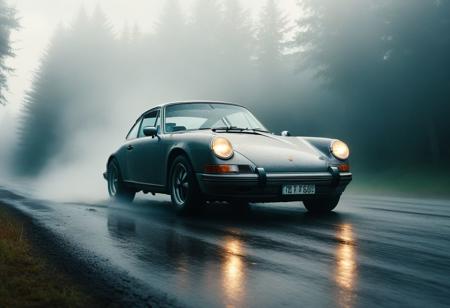 raw photo of a classic Porsche 911 on wet road, moving tires, Film Still, nebula, Need For Speed, Fast & Furious, heavy fog, sun rays.