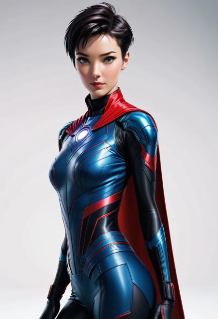 Anna, dressed as doctor strange, powered futuristic outfit, red cape and high collar, black punk hair, semi shaved hair, style of stanley artgerm, artgerm style, white background, simple background