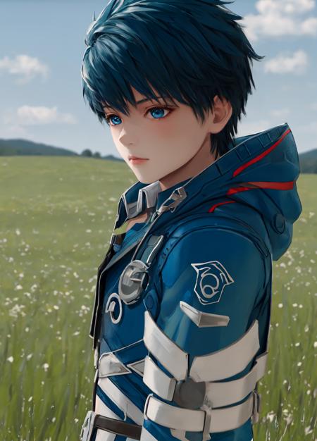 masterpiece, best quality, extremely delicate and beautiful, highres, original, <lora:FidelCamuzeV1:0.8>, FidelCamuze, 1boy, boy, male, short hair, blue hair, blue eyes, blue coat, hood, unhooded, upper body, grassland