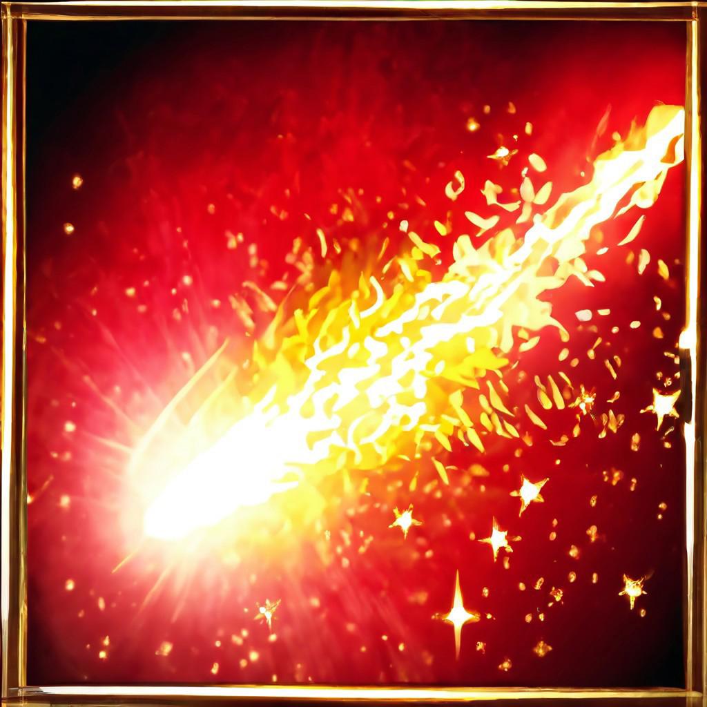 Black to red gradient background, golden frame, fireball flyes, covered in flame, sparks, golden stars, magic, casting spell