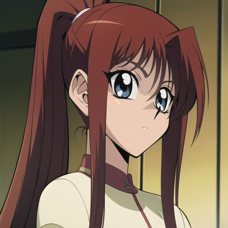 (masterpiece, best quality), TakahiroKagami, 1girl, blue eyes, round eyes, feminine, cute, red hair, long hair, ponytail <lora:takahirokagamiyugioh-midpoint:0.8>