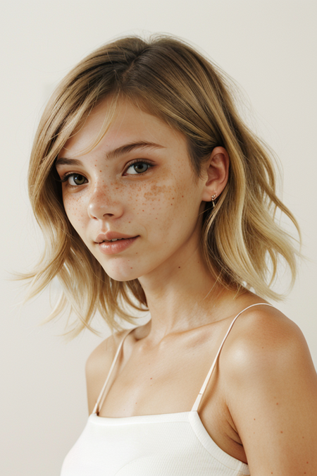 RachelYampolsky, photography by (Diane Arbus:1.3), (upper body focus, light blonde hair), freckles:0.9