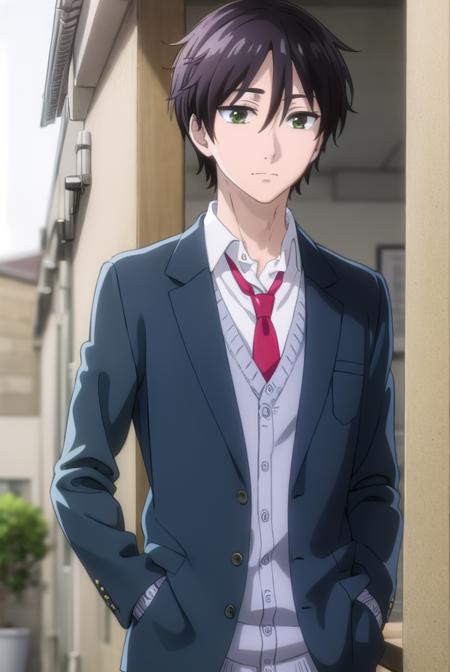 kaitamaru, <lora:kai tamaru s1-lora-nochekaiser:1>,
kai tamaru, short hair, black hair, male focus, mole, (green eyes:1.3), mole under mouth, hair between eyes,
BREAK shirt, long sleeves, school uniform, jacket, white shirt, open clothes, necktie, pants, open jacket, blazer, cardigan, red necktie, sweater vest, brown pants,
BREAK indoors, classroom,
BREAK looking at viewer, (cowboy shot:1.5),
BREAK <lyco:GoodHands-beta2:1>, (masterpiece:1.2), best quality, high resolution, unity 8k wallpaper, (illustration:0.8), (beautiful detailed eyes:1.6), extremely detailed face, perfect lighting, extremely detailed CG, (perfect hands, perfect anatomy),