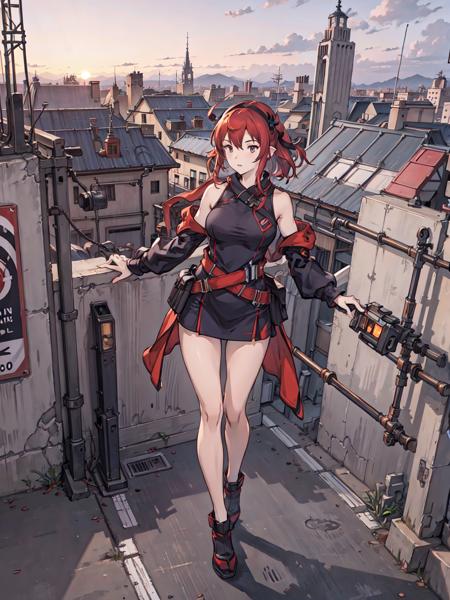 high_resolution,best quality,detailed background,girl,mechanical arms, sunset, cityscape, street