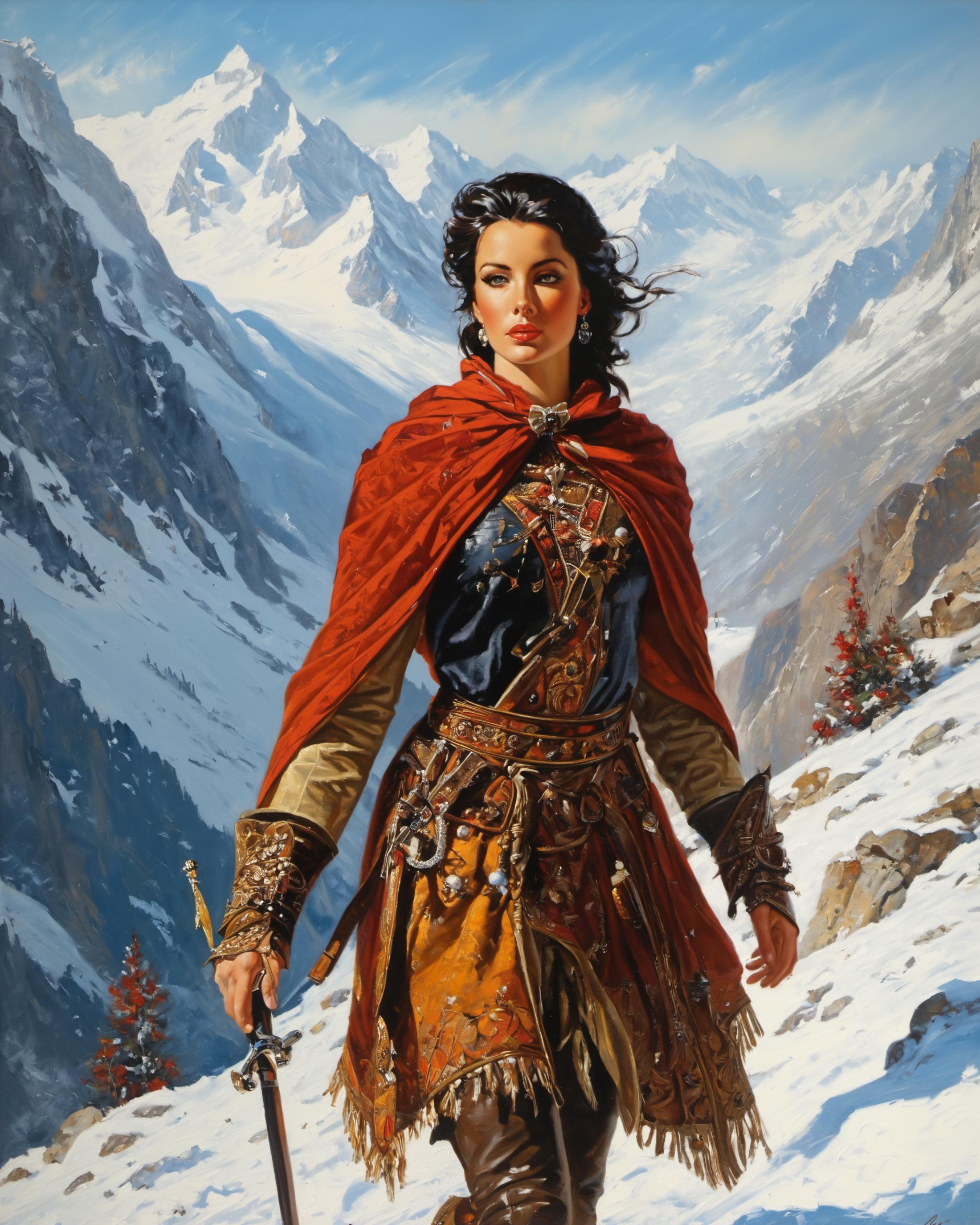 A painting of a woman in a red dress and a blue coat standing on a mountain with a sword in her hand.