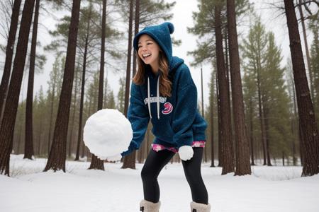 IMG_1025.heic, "Create a detailed, dynamic scene of a short, cute girl from egirl launching a massive snowball from a bazooka amidst a snowy forest. She has a stylish, modern appearance, dramatic eyeliner, and a playful, mischievous expression. Her outfit combines tight shorts with traditional elements: an oversized hoodie with vibrant graphic prints, paired with warm, colorful leggings, and furry boots.