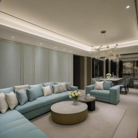 <lora:JJsAffordableLuxury_XL:1>, ((Affordable Luxury)), ((masterpiece)), ((best quality)), scenery, real world location, realistic, high detailed,, soft lighting,  (indoor) , no human,  window, ((sofa)), pillow, table, television, ceiling light, carpet, curtain, chair, flower,