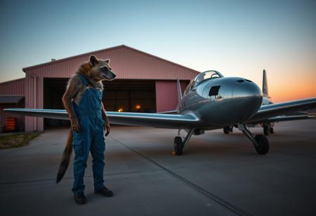 An anthro hyena mechanic wearing blue overalls is inspecting a biplane on the runway in front of a hangar in a private airport. The biplane is old and its paint is flaking, revealing silver gray surface underneath. It is late evening and the sky is clear. The scene has an atmospheric cinematic look with vibrant colors and contrasting shadows and light.
