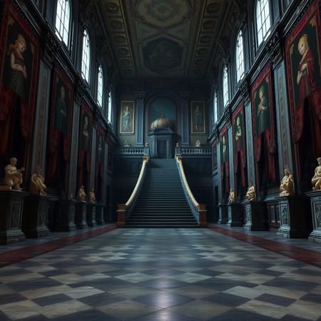 A liminal space inside Peach’s Castle from Super Mario 64. The grand hall is vast and empty, the walls adorned with faded tapestries and statues that seem to stare blankly into space. The floors are cold, the sound of footsteps echoing unnervingly through the stillness. The once vibrant and lively space feels abandoned, with no people, no sounds, and only the weight of silence hanging in the air. The grand staircase leads up into darkness, and the sense of solitude is overwhelming, as if time has stopped and the castle itself is forgotten.