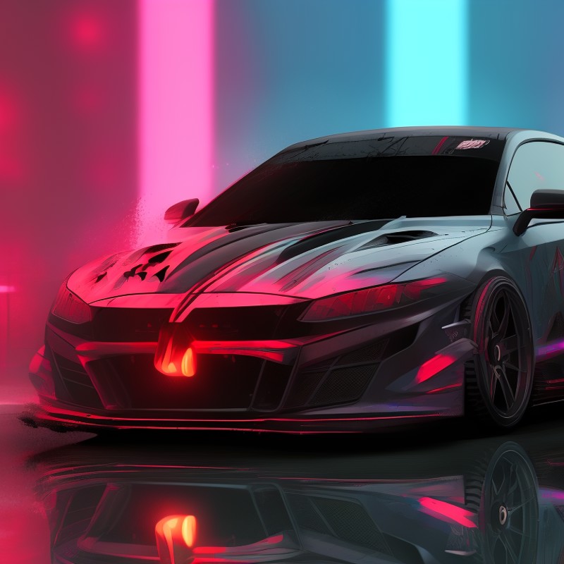 a photo of a futuristic car with red and blue lights on it's side and a black car with red lights on its side, art by cars...