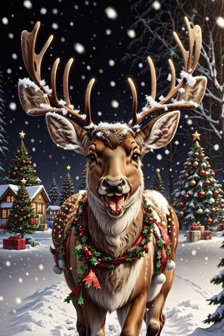 RagingReindeerSplash, solo, open mouth, tongue, tongue out, black eyes, no humans, christmas, snow, snowing, antlers, animal focus, christmas tree, reindeer antlers, deer, reindeer <lora:RagingReindeerSplash:0.8>