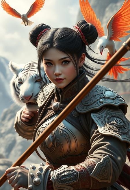 score_9, score_8_up, score_7_up, 1girl, China Xinjiang model , with two hair buns ,perfect round face with crystal blue eyes , perfect body with round teardrop shape breast ,(((medium breast:1.0))),she is wearing insanely detailed China ancient myth armors , with long spear on hand fighting the ancient China white tiger in a forbidden kingdom in the Mount Everest. A phoenix is flying over the sky to attack the tiger as well.