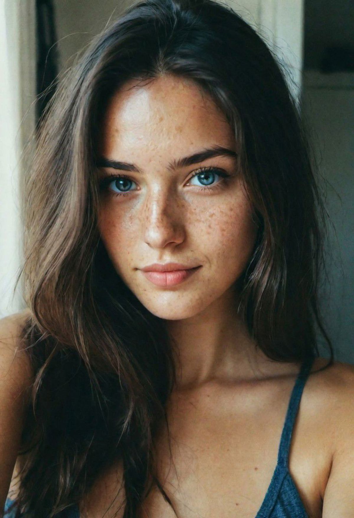 A Brown-Haired Woman with Freckles Posing for a Picture.