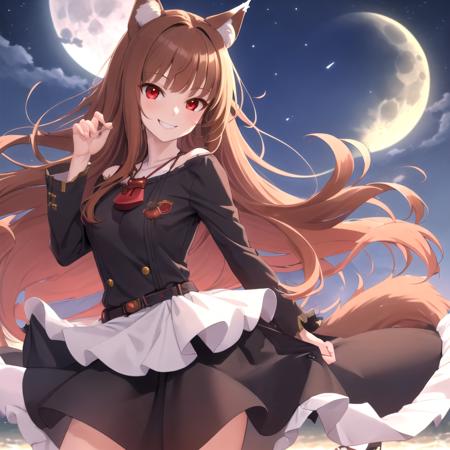 Holosw, 1girl, animal ears, wolf ears, tail, long hair, wolf tail, wolf girl, red eyes, brown hair, solo, best quality, perfect details, smile, moon behind, 