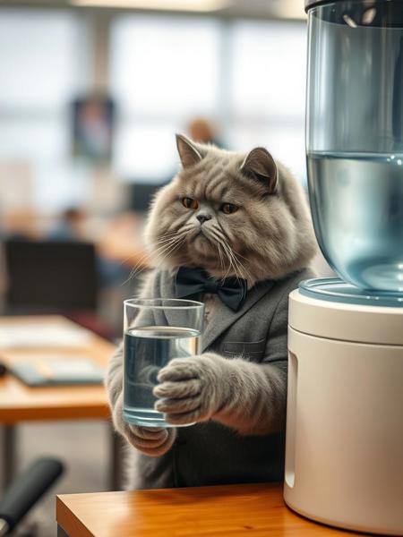 This is a highly detailed photograph of a grey scottishfold cat in a business attire standing near the water cooler and pouring himself a cup of water The cat's fur is soft and fluffy.

The background is a blurred, out-of-focus office. The image has a warm nostalgic feeling and feels cozy.