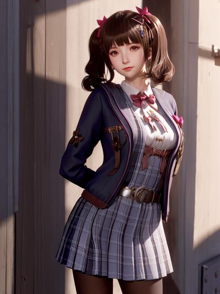 hair ornament, looking at viewer, miniskirt, bow, twintails, jacket, shirt, pantyhose, standing, arms behind back, belt,ribbon, thigh strap, hair bow, bowtie, plaid skirt, <lora:guanxiaoyu_20230707104912-000015:0.8>