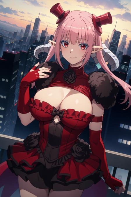 <lora:AstarothX_V3:0.8> masterpiece, best quality, astarothx, twintails, low horns, frilled dress, black rose, shoulder pads, red elbow gloves, fingerless gloves, mini top hat, large breasts, anime, cityscape, smile, closed mouth