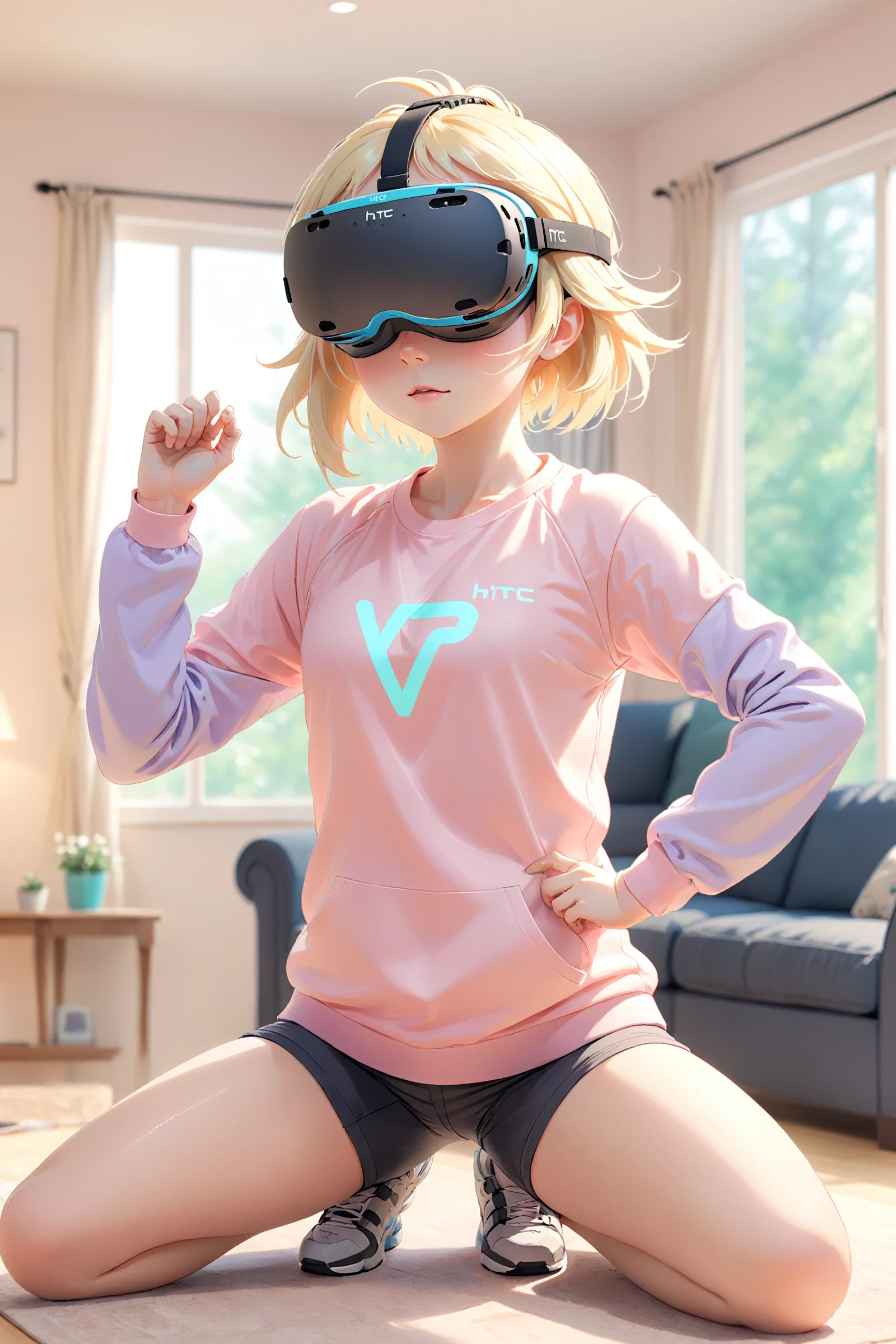 A young woman wearing a pink HTC sweatshirt and VR goggles.