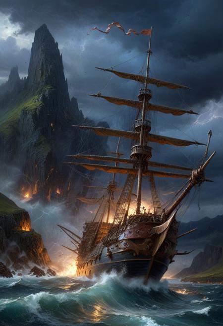 Night Landscape oil painting where the storm is the focal point. The storm dominates the skyscape while in the foreground a flying ship is battered by the winds. To spindly metal spires stand resolute in the face of the coming storm, built within a steep mountain pass. ((Highest quality:1.0),(High resolution:1.0), (masterpiece:1.0), (overview:0.6), beautiful and aesthetic:1.3), extreme detailed, colorful, highest detailed,((ultra-detailed)),(highly detailed CG illustration),((Gloomy and Dark Atmosphere)),,