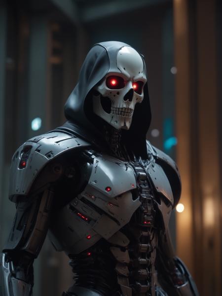 (masterpiece, best quality, ultra-detailed, extremely detailed, intricate details, 8K), gloomy portrait of Soulreaper from Marvel with intricate angular cybernetic implants inside a brutalist building, gothic abounded hospital, cyberpunk, award-winning photo, bokeh, smokey neon lights, cybernetic limb