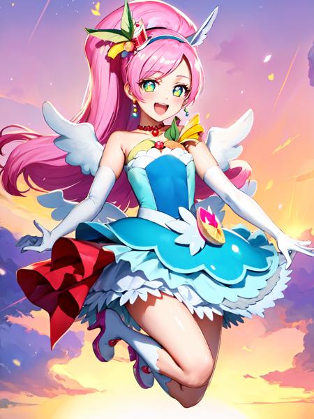 cure parfait cure parfait, wide ponytail, layered skirt, shoulder pads, high heels, white socks, wings, mini hat, elbow gloves, hairband, porch, earrings, jewelry, fruit