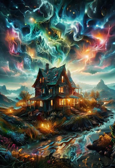 (by Ellen Jewett:1.5), (Bioluminescent Impressionism, The Dreamland), their peaks veiled in mist. mixed media, surrealism, great lighting, A surreal landscape highly detailed . extremely high-resolution details,  appears trapped in an optical illusion of reflections and refractions colorful , mountain cabin, professional photography, natural lighting, volumetric lighting maximalist. intricately detailed, complex, elegant, night, moon, meteor shower, expansive, fantastical, film photography style,  <lora:MJ52:0.3>  <lora:SDXLFaeTastic2400:0.4>  <lora:EpicF4nta5yXL:0.7>.ethereal landscapes, depth of field, biotech emotion:1.3) <lora:xl_more_art-full_v1:0.5> <lora:add-detail-xl:1> <lora:RMSDXL_Creative:2>, GhostlyStyle, lthndrtrl