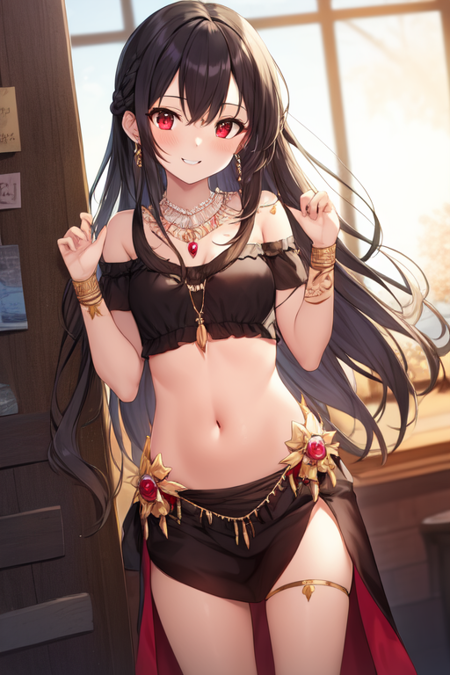 tribal, 1girl, solo, jewelry, long hair, navel, looking at viewer, necklace, smile, red eyes, black hair