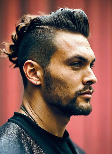 analog style, modelshoot style, portrait of sks person by Flora Borsi, style by Flora Borsi, bold, bright colours, dark Mohawk haircut, ((Flora Borsi)), <lora:locon_jasonmomoa_v1_from_v1_64_32:1.25>