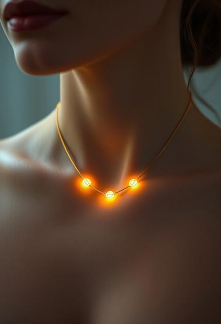 subdermal implanted LED necklace, glowing light beneath the skin, implanted LEDs forming the shape of a gold necklace under the skin, soft golden glow radiating from beneath the surface, a subdermal sapphire glows highlighting her clavicle, seamlessly implanted subdermal jewelry, high-definition, (natural skin tone:1.5), soft subdermal LEDs, ultra-realistic textures, natural skin with light emanating from within, elegant yet futuristic under-skin jewelry, (futuristic elegance:1.5), glowing sapphire effect from beneath the skin, high-resolution, (delicate light diffusion:1.4), modern beauty tech, advanced subdermal implant technology