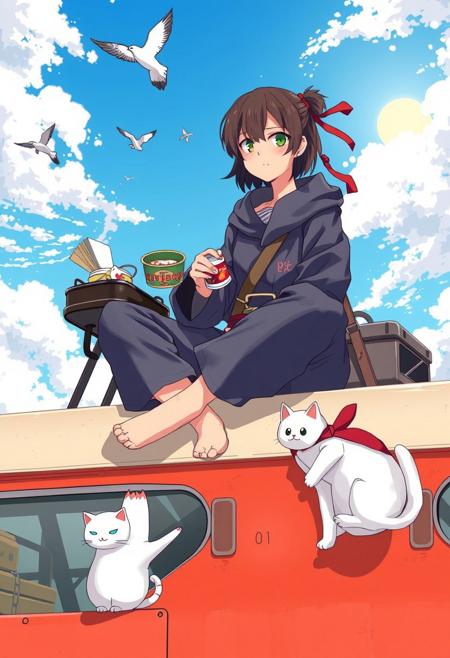 A vibrant, anime-style illustration depicting a 20yo girl sitting crossed legs on the top of a train,  bright blue sky. using an old and worn dirty ninja suit, heating instant ramen on a small grill . The atmosphere is lively, yet tranquil
at her side a white cat with a red ninja bandana carrying a bag with kunais eating a small fish,  traveling searching for adventure. birds flying on the sky, clouds and bright sun,