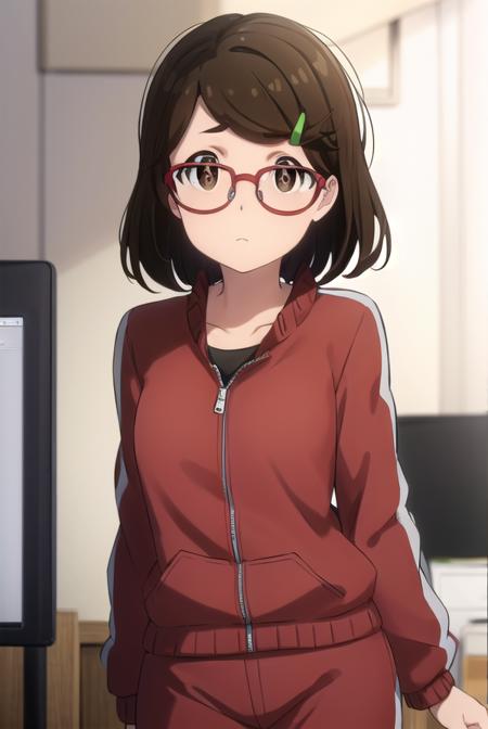 risaaoi, <lora:risa aoi s1-lora-nochekaiser:1>,
risa aoi, short hair, brown hair, hair ornament, (brown eyes:1.5), glasses, hairclip, red-framed eyewear,
BREAK jacket, pants, track jacket, track suit, haori,
BREAK indoors,
BREAK looking at viewer, (cowboy shot:1.5),
BREAK <lyco:GoodHands-beta2:1>, (masterpiece:1.2), best quality, high resolution, unity 8k wallpaper, (illustration:0.8), (beautiful detailed eyes:1.6), extremely detailed face, perfect lighting, extremely detailed CG, (perfect hands, perfect anatomy),