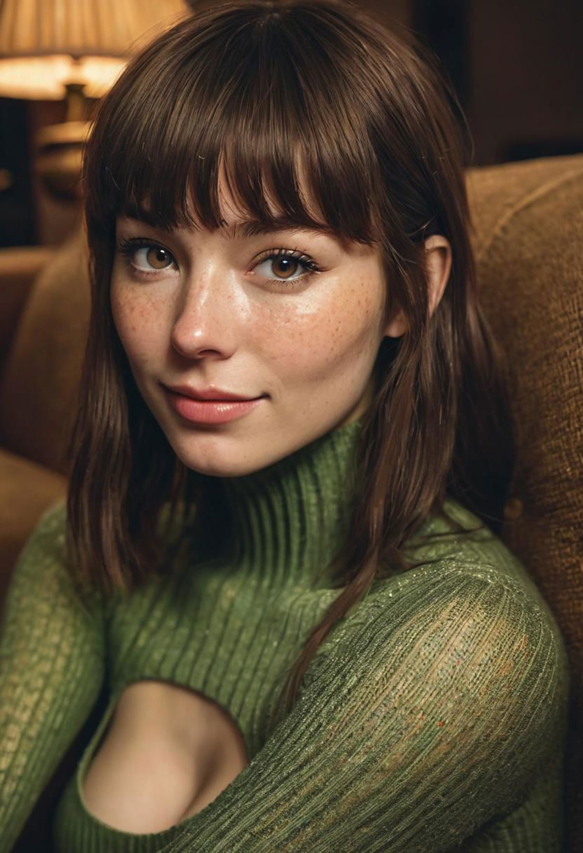 A woman with freckles and a green sweater looking at the camera.