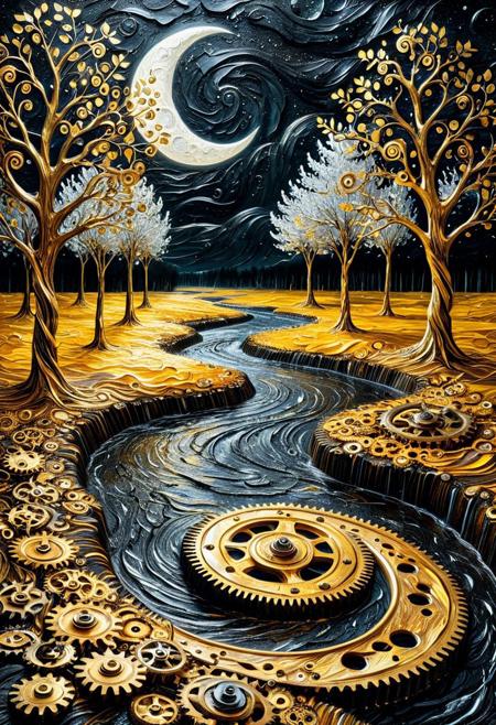 g3ars, 8k, Raw digital photo, natural lighting, surreal horror golden landscape in Van Gogh's swirling brushstrokes, twisted black night sky, river made of water drop, drops with distorted reflections of white crescent moon, made out of gears, twisted and screaming water drop trees, cracked ground, thick impasto oil textures, no people, oppressive atmosphere, post-impressionist nightmare, emotional intensity, 4K, detailed, full body, masterpiece, best quality, amazing quality, very aesthetic, made out of gears, professional, 4k, highly detailed, dark background, made out of gears