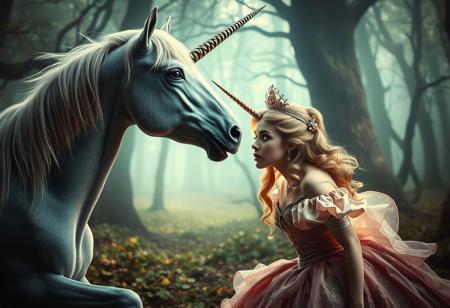 A surreal fairytale scene featuring a unicorn with a sharp, menacing horn trying to kiss a princess. The unicorn’s horn pierces the princess’s head, causing a dramatic and dark moment. The princess is wearing an elaborate gown, and her expression shows surprise and shock. The background is a magical forest with soft, ethereal lighting, but the scene is filled with tension and an eerie atmosphere. The contrast between the delicate beauty of the unicorn and the violence of the moment creates a surreal, haunting image