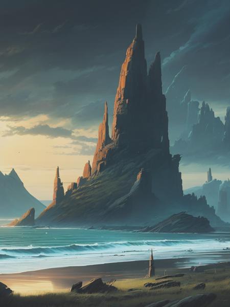 <lyco:NoahBradley:1.0> Create a mesmerizing 2D digital painting, an awe-inspiring digital artwork in the styles of Simon Stlenhag and Noah Bradley, Within a desolate and haunting landscape, colossal skeletal remains of an otherworldly creature dominate the scene, evoking a sense of awe and wonder. The bones, massive and weathered, stretch out into the distance, hinting at the scale and power of the long-extinct creature. Soft rays of a dying sun cast an ethereal glow upon the skeletal structures, illuminating the intricate details and the enigmatic symbols etched onto the bones. The surrounding environment bears the scars of cataclysmic events, with jagged rock formations and ancient ruins scattered about. The color palette is a harmonious blend of muted earth tones and subtle hints of iridescent hues, enhancing the mystical atmosphere of the scene. Simon Stlenhag's signature digital painting style brings this epic tableau to life, capturing the magnitude and mystery of the gigantic skeletal remains. This artwork invites viewers to ponder the ancient origins and profound significance of the creature, sparking the imagination and inspiring a sense of wonder. This juxtaposition of colossal skeletal remains against the chaotic storm and the serene yet turbulent beach evokes a profound sense of mystery, power, and existential contemplation.