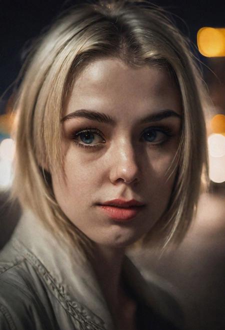 Portrait face Solo female ciborg in city, photograph ,pale beautiful Irish woman, blonde,  beautifull eyes, night time, cinematic composition,  cinematic filtering
