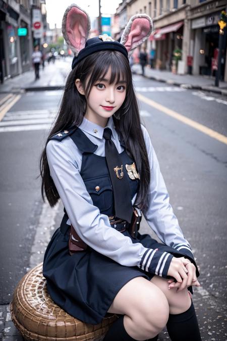 realistic, photorealistic, masterpiece, best quality, rabbit_officer, 1girl, solo, smile, looking at viewer, long black hair, sitting, full body,in street, netural lighting, <lora:rabbit_officer_v2:0.7>, <lora:Cute Asian Face:0.6> , <lora:chinaDollLikeness_v10:0.2>