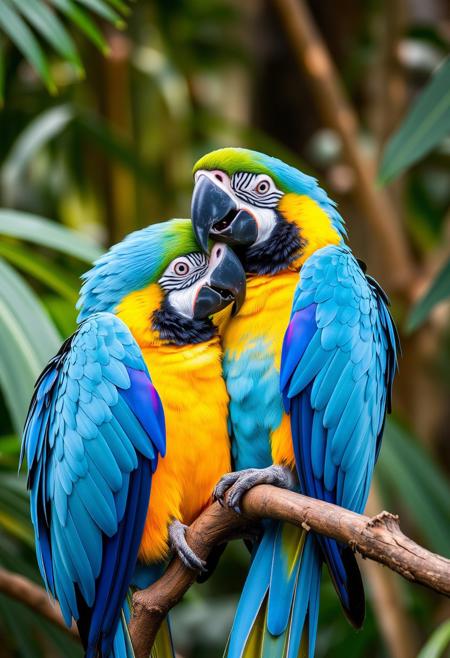 Parrots, two blue macaws, in a jungle, cuddling, happy