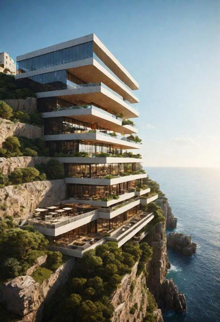 (Shopping malls, department stores, hotels and commercial offices on a rocky coast, half embedded in the cliff:1.3),  (avant-garde, future, reality, science fiction, photorealistic), (modern architecture:1.2), (Kan Kankavee:1.2), (David Alan Chipperfield CH:1.3), (Large Files, Ultra Realistic, 8K, 16k, FHD, HD, VFX, Perfect, Photography, composition, Architecture Sales Photography, Architecture Competition, Ultra High Resolution, Cinematography, High Resolution Image:1.1), (dramatic lighting, direct sunlight, ray tracing, clear shadow:1.1), (magnificent , Abstract Expressionism but extremely beautiful:1.2), [:traffic|windows|railing|stair|balcony|terrace|crowd|Sidewalk|vehicle|trees|equipment| detailed signal_details:0.7], [:marble|granite|lbrick|tile|metal|concrete|glass|foliage_material texture:0.7], (real landscape:1.1), (blurred background:1.0), [buildings|BREAK|trees|BREAK|Crowd|buildings|BREAK|trees|BREAK|Crowd|buildings|BREAK|trees|BREAK|Crowd:0.7], (background, more_details:0.3)
great lighting, void, clear, stacked, vertical