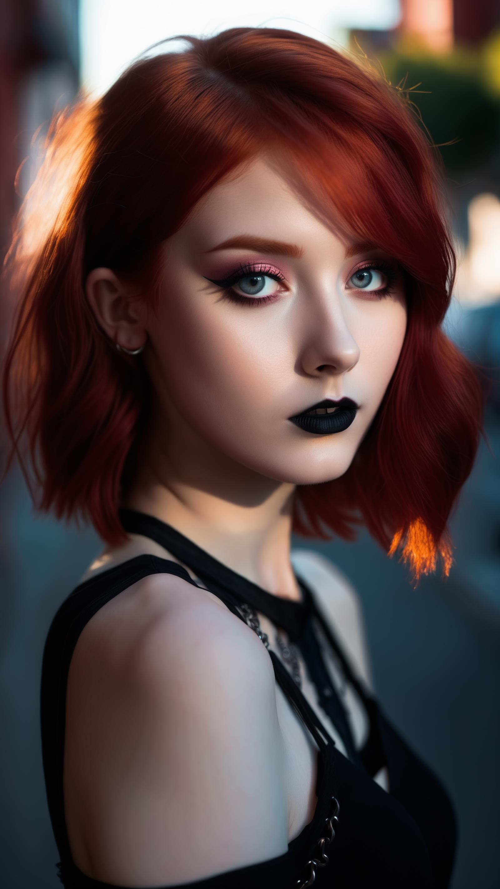 A red-haired woman with black lipstick and blue eyes.