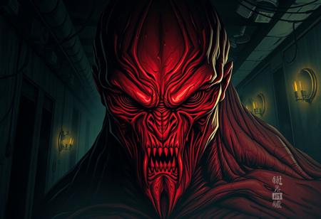 Create a highly detailed, matte painting-style concept art of a mud monster in the style of Batman comics, with a dark red, slimer-like face and skin. Incorporate the elegant, intricate aesthetic of Alphonse Mucha and the color scheme of Morandi, with a white and gold palette. Set the scene in a dimly lit, dark corridor basement, with sharp focus on the monster's face and skin. Use a bambino pen-inspired line art style and include micro details and shadows. Reference the Teen Titans and Kingpin characters, with a hint of a 'bumbler' persona. The output should be a high-quality, HD image with lifelike details.