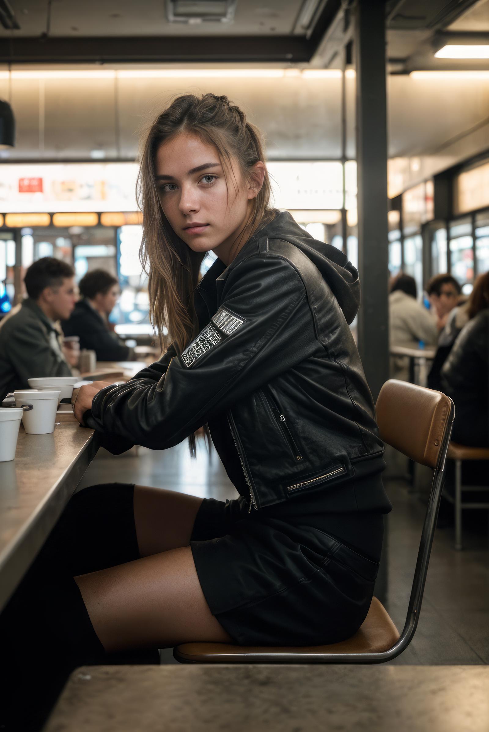 A young woman sitting in a booth at a restaurant wearing a black leather jacket.