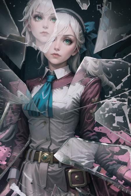 High Quality, Masterpiece, IncrsBrknGls, broken glass, reflection, <lora:BrokenGlass:1>, elie macdowell, green eyes, hairband, blue ascot, hair ribbon, long sleeves, belt, <lora:Char_OC_ElieMacDowell:0.9>