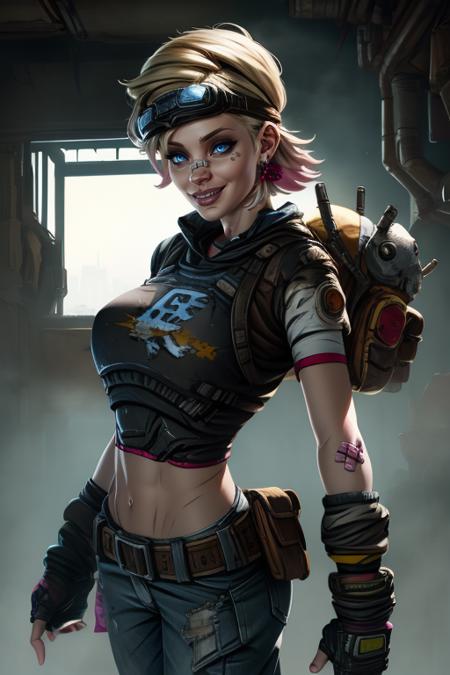 Tina, short hair, blue eyes, solo, standing, happy,   smile,  
TGear, belt,pants,goggles on head,midriff,gloves,earrings,fingerless gloves,sneakers,stuffed toy,bandaid on face,jeans,hair ribbon,armor,
western bar, wastelands,  cyberpunk, 
(insanely detailed, beautiful detailed face, masterpiece, best quality)   <lora:Tina:0.8>