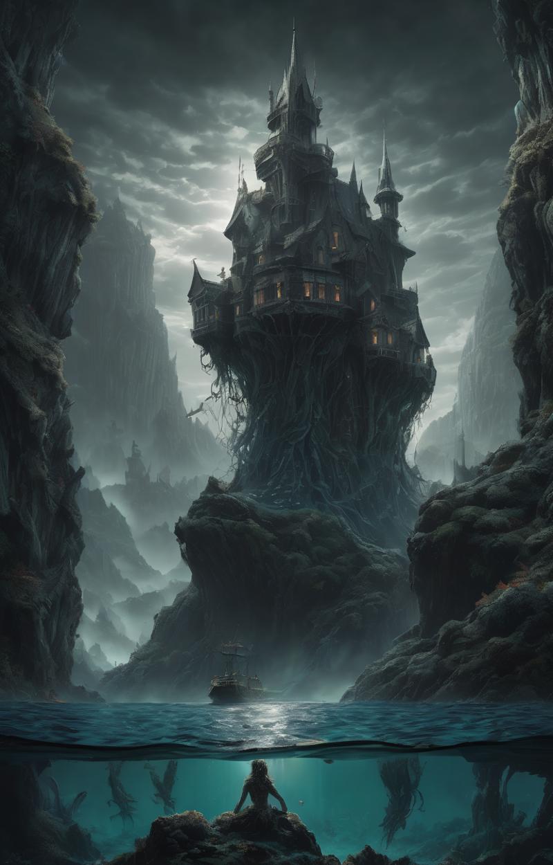 A Dark and Ominous Castle Sits on the Shore of a Lake with a Boat in the Foreground
