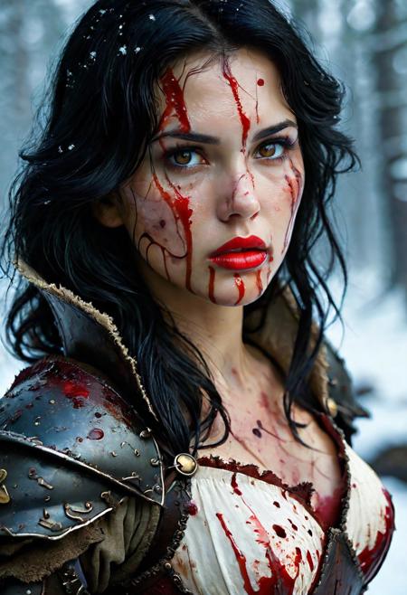 High resolution ultra-realistic of beautiful Warrior Snow White with wavy black hair, Greg Rutkowski, Intricately Designed Handsome dirty bloody face, Realistic beautiful brown eyes, Atrractive 21 years old woman, blood-smeared, dark fantasy elements, Standing in the middle of a bloody battle on the battlefield, in a fighting pose, holding a sword, Intricately Designed iron armor, 8K, ultra-realistic body, bloody carnage, Warrior Snow White covered in blood on her body, realistic red lips, asymmetrical balance, adding to the intense and dynamic atmosphere of the scene