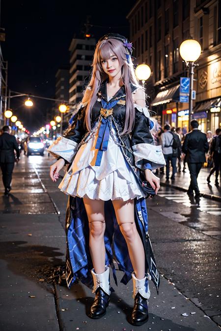 best quality, masterpiece, realistic, (photorealistic:1.4), 1girl, solo, full body, smile, herta cosplay costume, cosplay, long purple hair, doll joints, joints, ankle boots, hat, standing, in street, night, <lora:herta_cosplay_costume_v1:0.65>