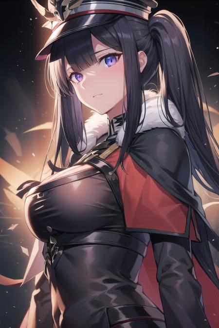 peterstrasser, <lyco:peterstrasser-lyco-nochekaiser:1>,
peter strasser, black hair, hair over one eye, long hair, one eye covered, (purple eyes:1.1), twintails,
BREAK armored boots, black coat, black footwear, black ribbon, boots, buttons, cape, coat, fur trim, fur-trimmed cape, gloves, hat, high heels, military hat, peaked cap, red cape, ribbon, stiletto heels, white gloves, white headwear,,
BREAK looking at viewer,
BREAK indoors,
BREAK <lyco:GoodHands-beta2:1>, (masterpiece:1.2), best quality, high resolution, unity 8k wallpaper, (illustration:0.8), (beautiful detailed eyes:1.6), extremely detailed face, perfect lighting, extremely detailed CG, (perfect hands, perfect anatomy),